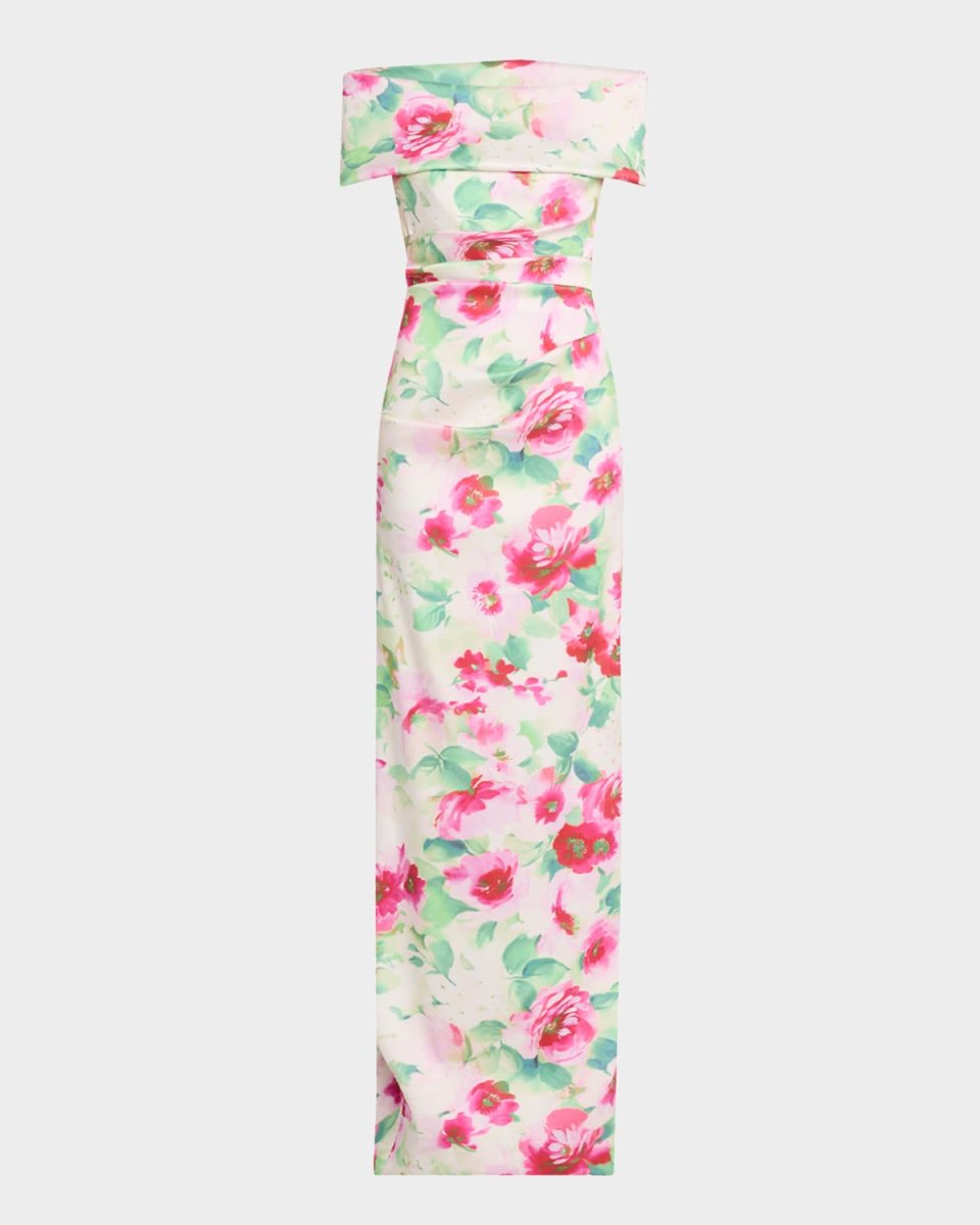 Off-Shoulder Pleated Mikado Column Gown